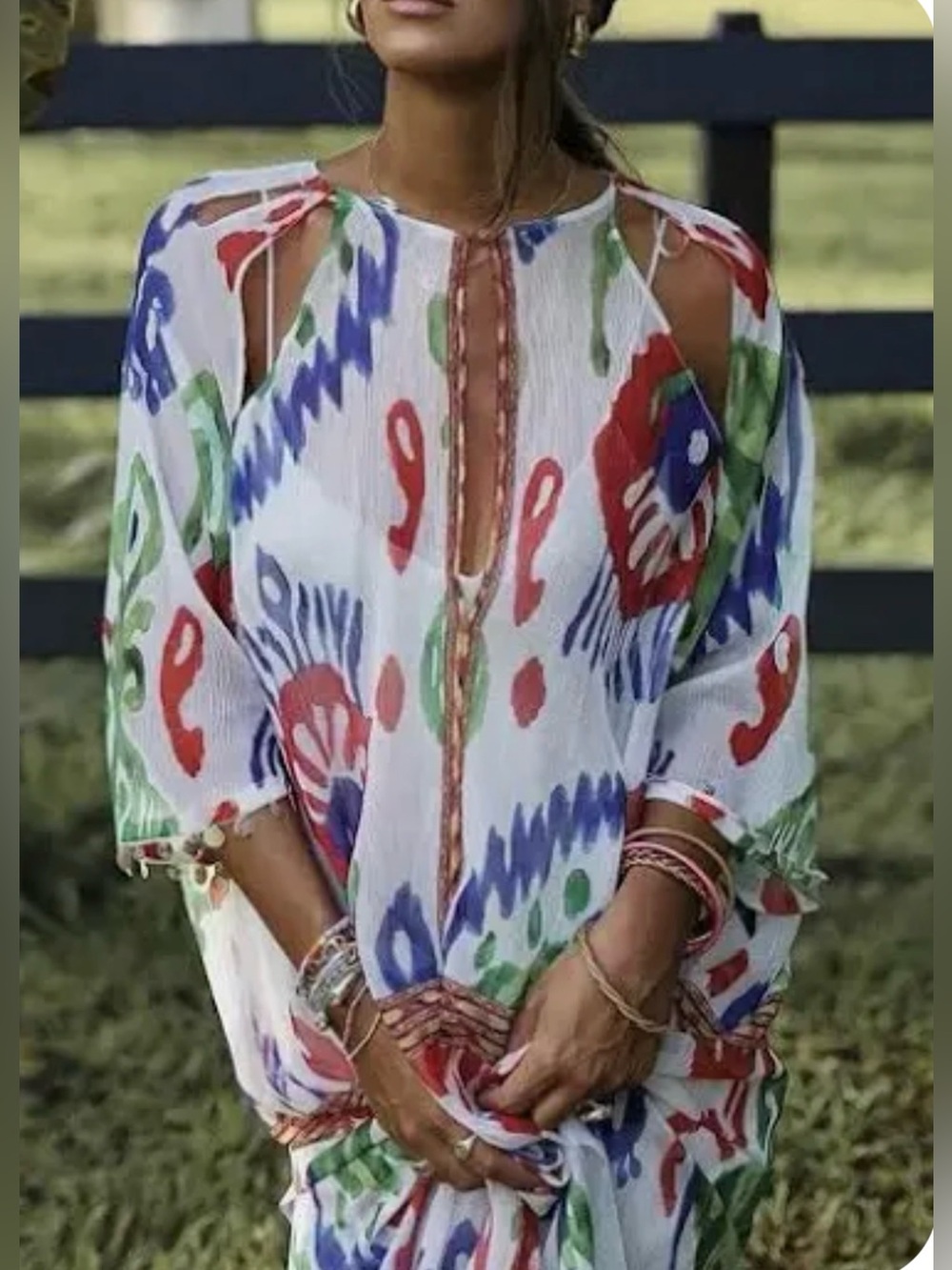 Zara Long Beaded Print Kaftan Dress White & Multicolor M-L